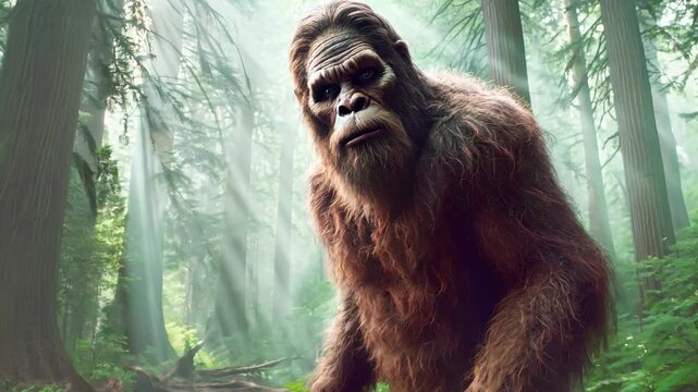 Bigfoot in the forest, hairy monster mysterious sasquatch silhouette in the fog