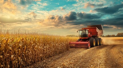Fototapeta premium Harvesting machinery working in a corn field