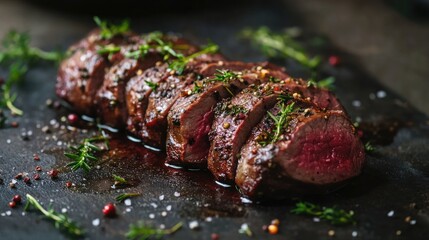 Sliced venison backstrap roast with herbs, placed on a rustic surface, creating a traditional culinary scene with room for copy.
