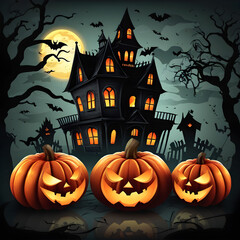 Halloween background with scary house and pumpkins