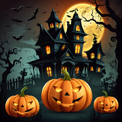 Halloween background with scary house and pumpkins