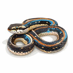 Fototapeta premium Colorful snake with black, yellow, blue and orange stripes, coiled on white background.