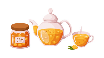Jam and hot tea made of sea buckthorn berries 2D cartoon objects set. Organic handmade food and drinks flat line vector icons on white