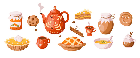 Tasty homemade snacks and drinks of autumn products 2D cartoon objects set. Organic food for fall season flat line vector icons on white