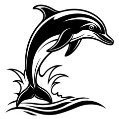 Dolphin Leaping Vector. The dolphin jumps out of the water, often in a curved arc or straight-up silhouette vector illustration.