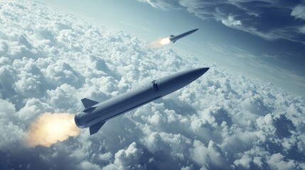 Fototapeta premium Photo of a missile with the speed of sound Combat missiles are flying above the clouds.