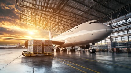 Image of a cargo plane flying or parked at an airport.