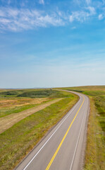 Scenic Highway Road in Alberta, Canada. Sunny Summer Day. Aerial view