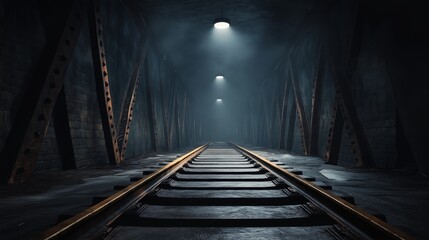 Fototapeta premium An old, desolate urban bridge shrouded in darkness, with rusting supports and crumbling pavement. 
