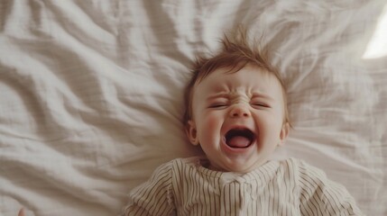 a month old baby lies on a white bed, cries