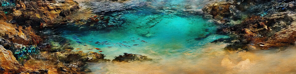The Turquoise Tidepool: A serene rock pool teeming with sea life, surrounded by warm sand and turquoise waters