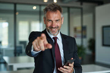 Fototapeta premium photo of man in suit outfit pointing index finger in the office, generative AI