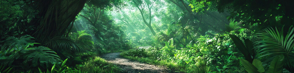 Fototapeta premium The Emerald Escape: A lush jungle canopy, towering above a winding path, dappled with sunlight.