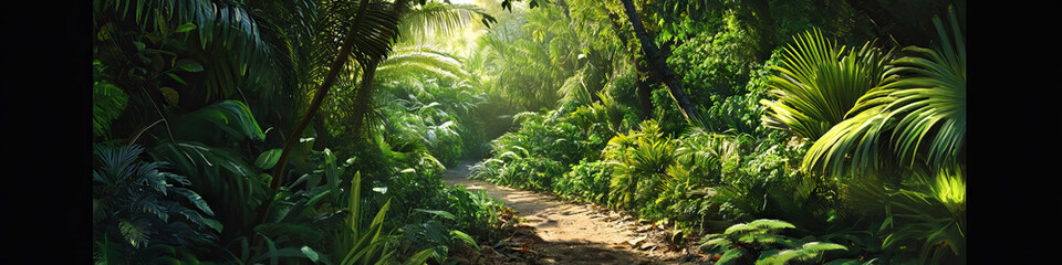 The Emerald Escape: A lush jungle canopy, towering above a winding path, dappled with sunlight.