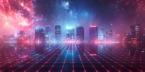 Obraz premium Futuristic Cityscape with Neon Grid and Skyscrapers Under a Galactic Sky: Cyberpunk Metropolis at Night Featuring Digital Sci-Fi Urban Landscape