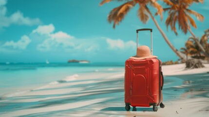 Red suitcase on the beach with hat on the beach against beautiful blue sea background. Traveling to the sea on holiday