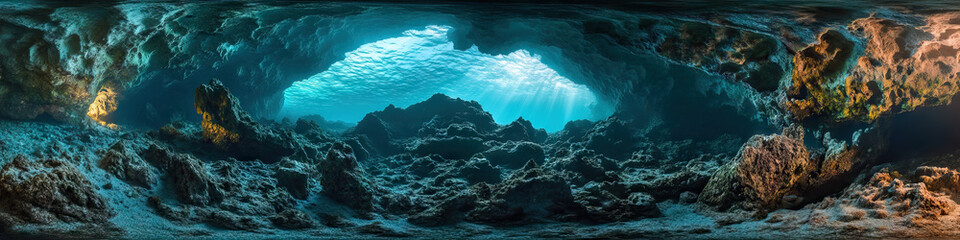 Grotto underwater cave by the ocean with sunlight and rocks. Blue water.