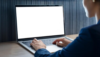 Naklejka premium A woman uses a computer with white screen