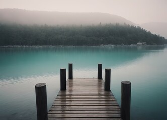 A Beautiful Serene Lake View Featuring a Wooden Pier Set Within a Misty Landscape Scene