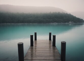 Naklejka premium A Beautiful Serene Lake View Featuring a Wooden Pier Set Within a Misty Landscape Scene