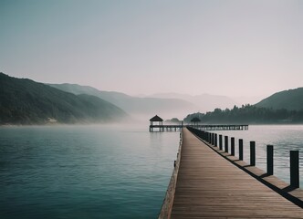 Obraz premium A Beautiful Serene Lake View Featuring a Wooden Pier Set Within a Misty Landscape Scene