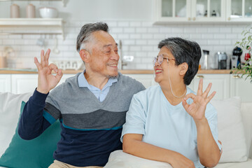 Fototapeta premium Senior asian elderly couple enjoy retirement life at home.smile asian senior couple sit on sofa,look at camera show okay gesture at home.happiness retirement,Healthcare,Asian happy family concept