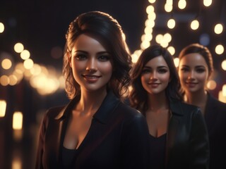 Obraz premium Elegant Group: Three stylish women, emanating sophistication and charm, stand against a soft bokeh backdrop of warm lights. An image radiating confidence.