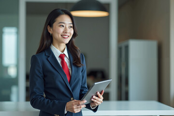 Fototapeta premium photo of woman in navy suit outfit and red tie holding tablet in the office, generative AI