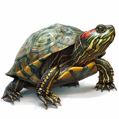 A colorful turtle with a green, yellow, and brown shell and red stripes is looking off to the side with its head raised.