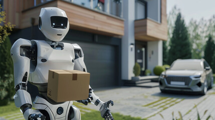 Futuristic Delivery Robot Holding a Package in a Residential Area