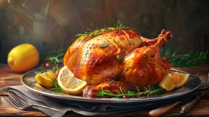 Whole roasted chicken with herbs and lemon slices, realistic photo for culinary inspiration