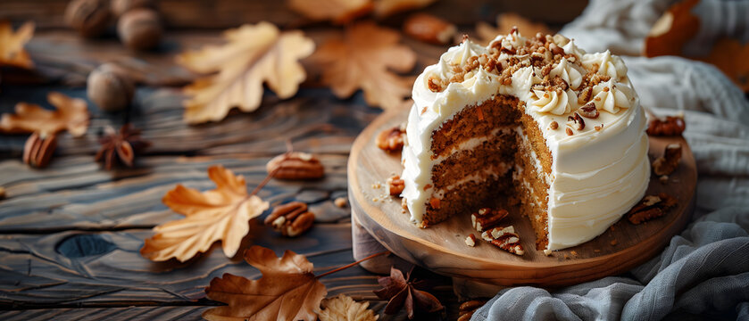 Gourmet Carrot Cake with Cream Cheese Frosting and Nuts on Wooden Table