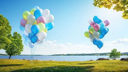 Fototapeta premium Two bunches of colorful balloons floating in the sky above a lake and grassy field.