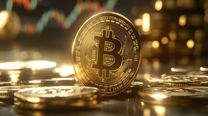 Golden Bitcoin coins on a digital financial chart with fluctuating graph lines, suggesting cryptocurrency trading