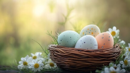 Colorful easter eggs in white basket on vibrant background, ideal for festive celebrations