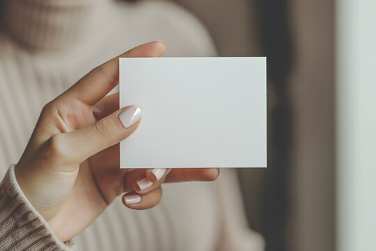Close-up of Hand Holding a Blank White Card with Neutral Background