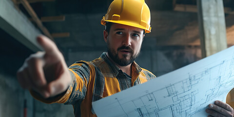Male Construction Worker in Hard Hat, Pointing to Blueprints on Site.