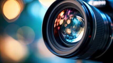 Camera lens, highlighting the glass elements and reflections