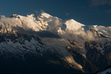 Aiguille du Midi and Mont Blanc at sunset, Chamonix, Haute-Savoie, French Alps,France