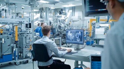A man sitting at his desk in front of the computer screen. He is looking at a digital twin of a big engine model displayed in a virtual reality room, with mechanical engineering software running.