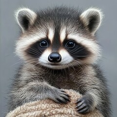 An adorable close-up of a baby raccoon with bright eyes and soft fur, showcasing its tiny paws and curious expression, creating a heartwarming and cute image