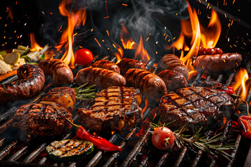 Various delicious foods cooking on the grill, with steak, sausage, and vegetables over flames.
