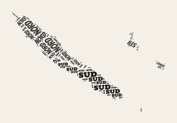 Fototapeta premium New Caledonia Word Cloud. Country with regions division. New Caledonia typographic text clouds vector image design. Vintage gazette style country shape image. Classy vector illustration.