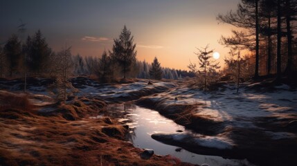 Fototapeta premium Sunset over a frozen stream in a snowy forest