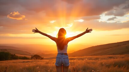 Happy woman standing with her back on sunset in nature iwith open hands.	