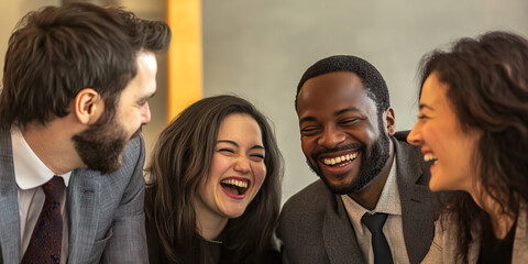 Obraz premium Happy Multicultural Office Coworkers Sharing Laughter During Break.