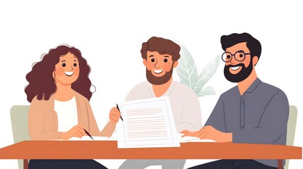 Two men and one woman sitting at a table in a vector illustration of an employee being interviewed for a job with papers in their hands