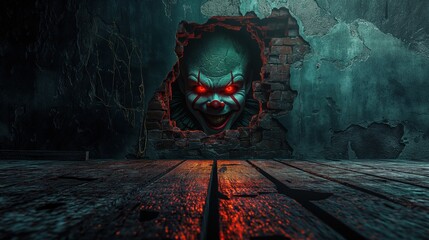 Scary evil clown with glowing eyes and wood table looking from hole in wall. Dark spooky grungy Halloween image or gothic empty room background. Extra space for text or product mockup.