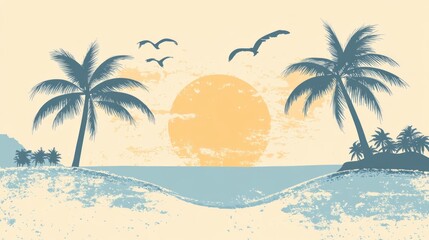Obraz premium Boho groovy palm tree beach sun sea. Surf club vacation and sunny summer day aesthetic. Vector illustration background in trendy retro naive simple style. Pastel yellow blue braun c