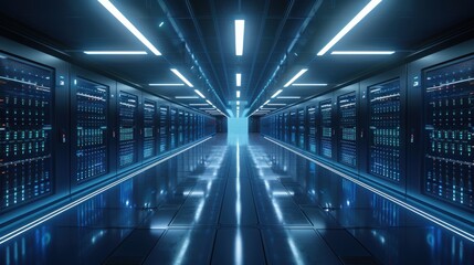 A 3D render of a modern data center, showcasing rows of sleek server racks illuminated by cool blue and white LED lights. The design emphasizes the clean, organized layout of the technology, with